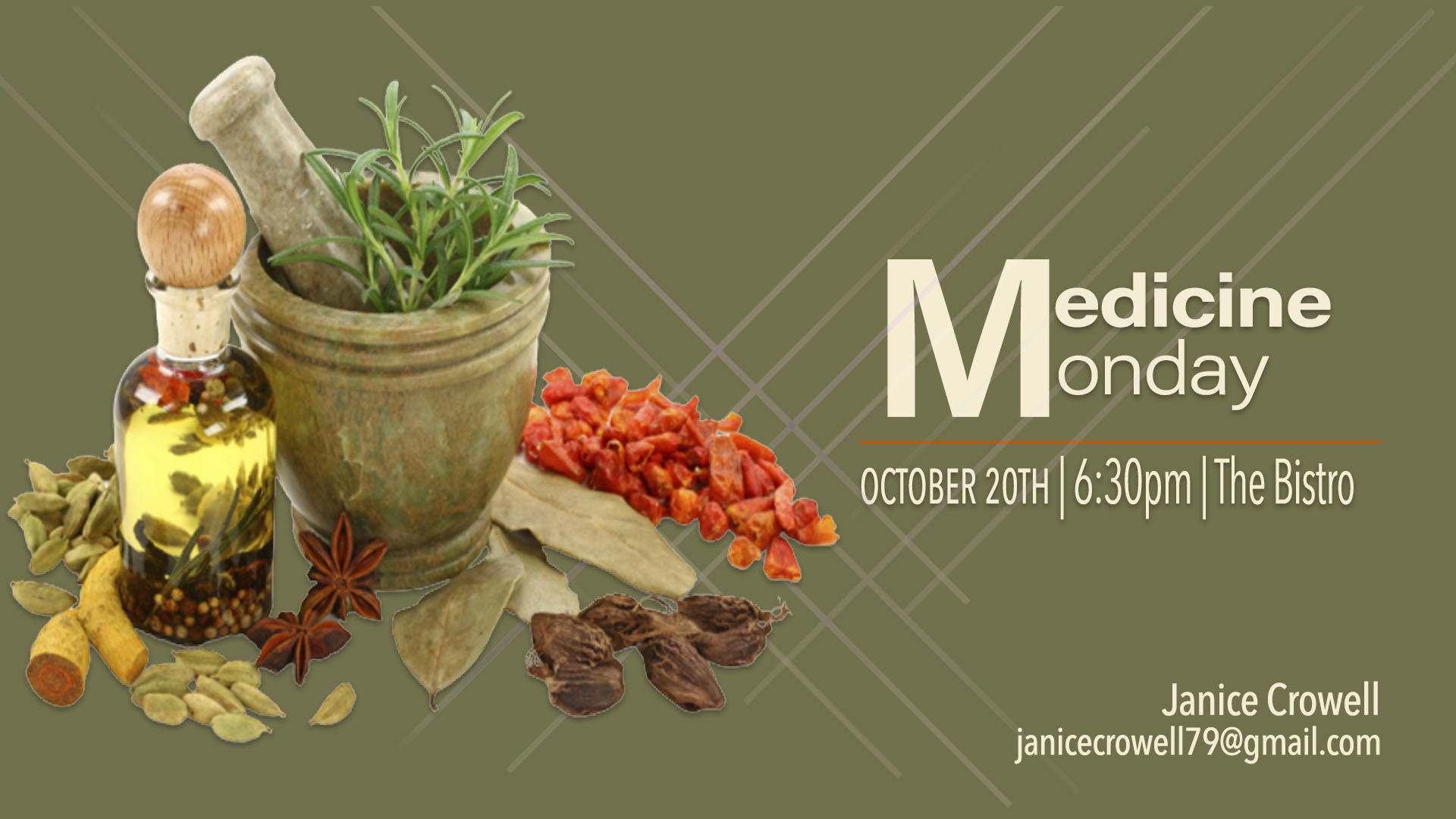 With the costs of medicine skyrocketing, join Janice Crowell on Monday, October 20th, at 6:30pm in The Bistro and come and learn tried and true natural remedies for many of your health needs. (1) Learn medicine herb profiles, (2) learn how to make your own medicines, (3) avoid pharmaceutical side effects and (4) save money. This group meets the 3rd Monday of each month. Contact Janice at janicecrowell79@gmail.com for more info.